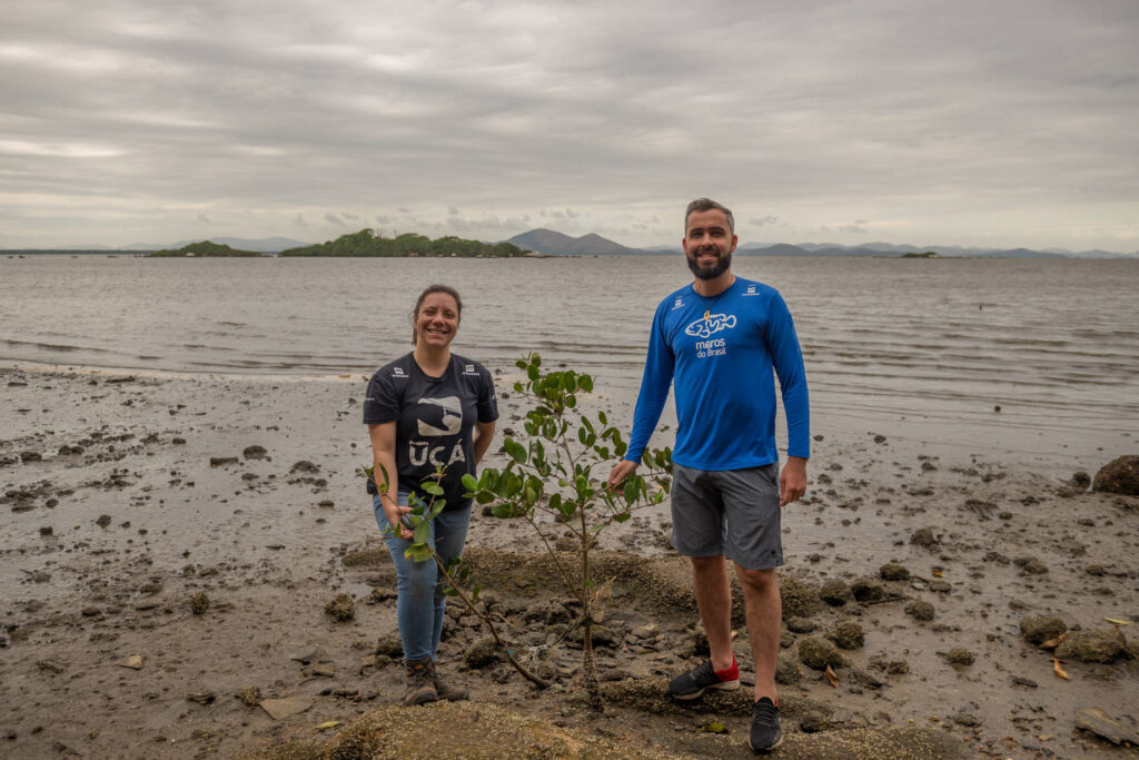 Homem e mulher plantam árvore em área de mangue