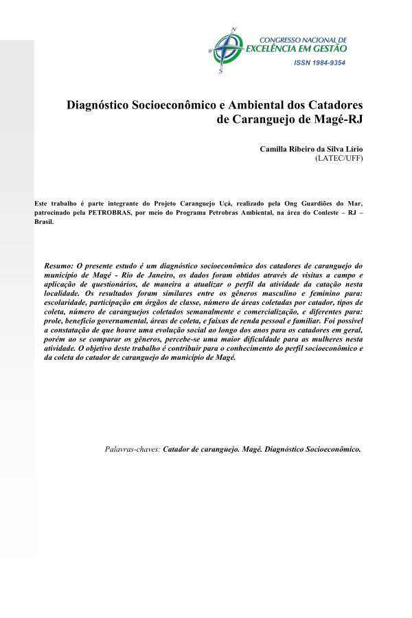 Diagnóstico socioeconômico e ambiental dos catadores de Caranguejo de Magé/RJ