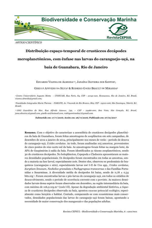 Distribuição espaço-temporal de crustáceos decápodes meroplanctônicos, com ênfase nas larvas do caranguejo-ucá, na baía da Guanabara, Rio de Janeiro